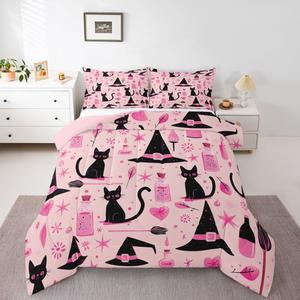 Erosebridal Комплект постельного белья Black Cats с розовыми котятами и звездами на хэллоуинской тематике из мягкого теплого материала, Multi 26