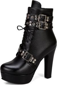 Женские ботильоны VOKLIN с круглым носком на высоком каблуке, платформе, с модной пряжкой, шнуровкой и молнией, короткие стильные ботинки, Black-Velvet Lined