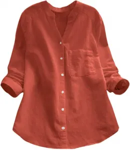 Льняная рубашка для женщин с длинным рукавом и карманом