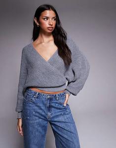 Ребристый трикотажный джемпер Tiger Mist Raven с открытыми плечами, запахом спереди, объемным рукавом, серый