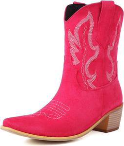 Женские ковбойские сапоги Alsoloveu Western из замши, ботильоны в ковбойском стиле с вышивкой, модные с закругленным носком и массивным каблуком, Hot Pink