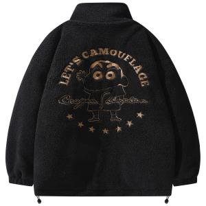 Вельветовое пальто Унисекс Крэйон Синтян, черное с вышивкой на спине