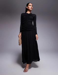 Платье макси ASOS DESIGN с длинными рукавами и сборками спереди, черное