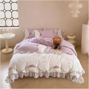 YUSIWOAL Комплект постельного белья из египетского хлопка с вышивкой цветами и кружевными рюшами в стиле пэчворк Purple