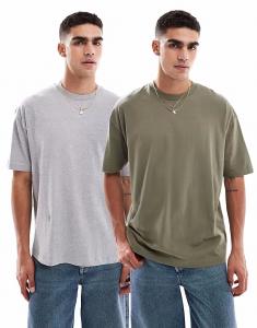 Набор из 2 футболок свободного кроя Essentials в серо-меланжевом цвете и цвете хаки Asos Design