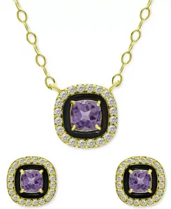 Комплект из двух кулонов с голубым топазом (1/2 карата), кубическим цирконием и эмалью, а также серьги-гвоздики (также из выращенного в лаборатории опала, зеленого кварца и аметиста), созданные для Macy's. Giani Bernini, amethyst/black/gold