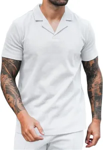 Мужская вязаная поло с коротким рукавом, V-образным вырезом и вафельной текстурой, Slim Fit CHXLQQX