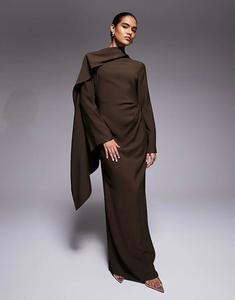 Длинное платье шоколадного цвета с длинными рукавами и шарфом от ASOS DESIGN