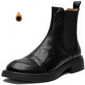 Женские кожаные челси с низким каблуком, удобные с круглым носком, на платформе, без застежки, с эластичной вставкой на щиколотке, ретро стиль, осень-зима, модные ботильоны PTNOKA, Black Plush