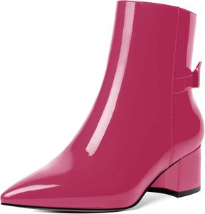 Женские ботильоны AMBELIGHT с молнией, с острым носком, повседневные, лакированные с бантом, на низком массивном каблуке, высотой до щиколотки, 5 см, Magenta
