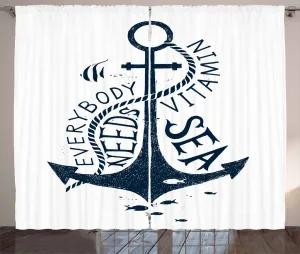 Штора ABAKUHAUS Пляжная цитата в деревенском стиле, Каждому нужно море, присборенная штора из тесьмы для спальни с петлями и крючками, 280 x 245 см, цвет: темно-синий, белый Abakuhaus