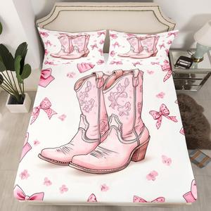 Erosebridal Детский комплект постельного белья Cowboy Boots с цветами и бантами, бело-розовый, микрофибра, Pink White Brown