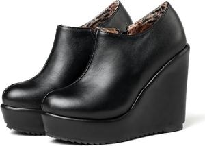 Женские ботильоны на танкетке SHEMEE с высоким каблуком, платформой, круглым носком, на молнии, короткие ботинки для офиса, вечеринок и платьев, Black Pu