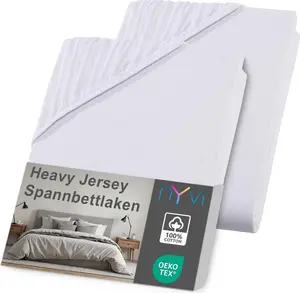 Простыня на резинке DreamScience Heavy Jersey 180x200 - 200x200 см, белая, 2 шт. в упаковке для матрасов высотой до 22 см - Простыня на резинке, сохраняет форму, 160 г/м², эластичная по всему периметру, не требует глажки NYVI