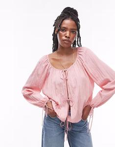Топ Topshop с завязками спереди и сборками на шее розового цвета