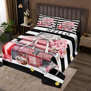 Erosebridal Комплект постельного белья Black and Pink с современным цветочным и парфюмерным принтом в черно-белой гамме, Pink and Black White