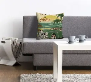 Декоративная подушка Queence "Добро пожаловать на Кубу", с надписью и автомобилем, чехол без наполнения, 1 шт 40х40 см, зеленый