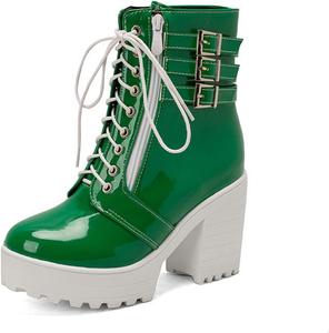 Женские ботильоны с пряжкой на щиколотке, модные, из лакированной кожи, с массивным каблуком, подошвой с протектором, ботинки в стиле милитари, на шнуровке, с платформой JMdfcqer, Green