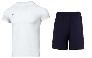 Повседневный спортивный мужской костюм Белая футболка + темно-синие шорты Under Armour, темно-синий