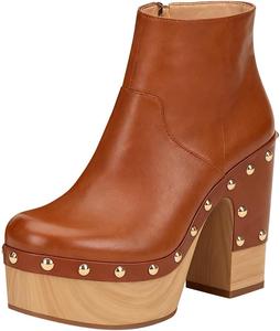 Женские деревянные ботильоны FSJ на массивном каблуке, с платформой, круглым носком, заклепками, боковой молнией, повседневные и нарядные, размеры 4-16 США, Brown