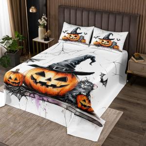 Erosebridal Комплект постельного белья Witch Hat Pumpkins с котятами в готическом стиле Хэллоуин с паутиной и летучими мышами, Orange Black