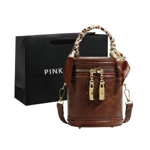 Сумка-ведро PU на поясную цепь Женская Кофейная/Коричневая/Черная PINK·LAND, Камуфляжная клетка+Подвеска