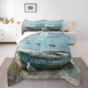 Erosebridal Комплект постельного белья Nautical Boat с морским пейзажем и чайками в синих тонах, Blue