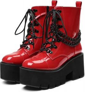 Женские ботильоны CYNLLIO с фантазийным каблуком-блоком и платформой, цепочкой, шнуровкой и заклепками, байкерские ботинки средней высоты в готическом стиле, 4Red