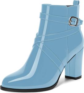 Женские ботильоны MODENCOCO осень-зима с застежкой, модные, из лакированной кожи, с круглым носком, на высоком блочном каблуке 3,5 дюйма, Light Blue