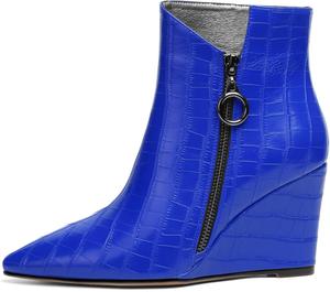 Женские ботильоны на танкетке Joseywade с заостренным носком, молнией и мехом, высота каблука 3,5 дюйма, короткие ботинки, Crocodile Royal Blue
