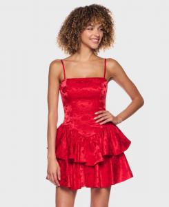 Детское платье с бретелями, оборками и многослойным квадратным вырезом B Darlin, Red