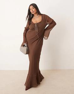 Платье макси ASOS DESIGN Curve с длинными рукавами и сборками на груди шоколадного цвета