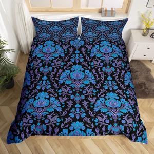 Erosebridal Комплект постельного белья Hippie Paisley в стиле бохо с готическим цветочным принтом и викторианским барокко, Blue Black