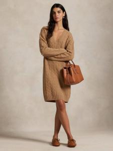 Платье-джемпер V-образным вырезом из шерстяной смеси с косой вязкой Ralph Lauren, Brown