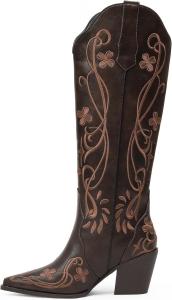 Женские ковбойские сапоги iiimmu, высокие до колена, винтажные с цветочной вышивкой, классическая модель с легким надеванием, западная обувь, Dark Brown-Pu