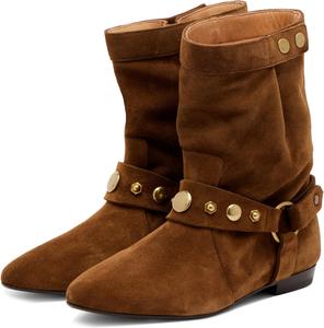 Женские замшевые ботильоны Goolita с заклепками, зауженный носок, низкий массивный каблук, байкерские ботинки, удобные обувь-бохо, свободные ботильоны на подскоке, Brown