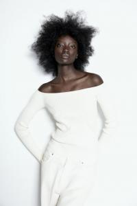 Рубашка с открытыми плечами и жемчужной отделкой H&M, бежевый