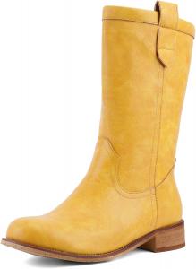 Сапоги до середины икры для женщин, на подъем, осенние ездовые сапоги, с круглым носком, удобные, с низким массивным каблуком, повседневные платьевые сапоги JilTrdWei, Deep Yellow