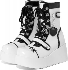 Женские боевые ботинки Eteridrey с круглым носком, на платформе, со шнуровкой, на танкетке, ботильоны с боковой молнией, готические ботинки, панк-башмачки для женщин, украшенные заклепками мотоботинки, 1White