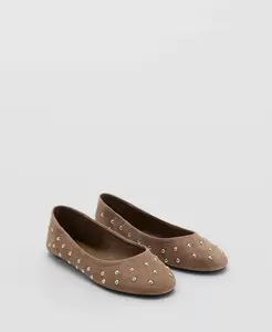 Женские балетки из кожи с заклепками Mango, загар/бежевый