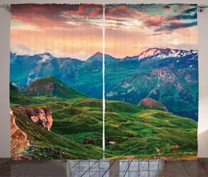 Штора ABAKUHAUS Mountain Rustic, Летнее утро в горах, универсальная ленточная штора для гостиной с петлями и крючками, 280 x 225 см, кораллово-бирюзовый цвет Abakuhaus