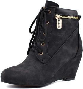 Женские ботильоны на танкетке MIOKE с круглым носком, шнуровкой и молнией, удобные, с массивным высоким каблуком, короткие зимние ботинки, Black-Velvet Lined