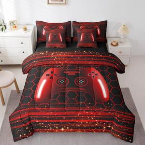 Erosebridal Комплект постельного белья Gamer 7 Pieces 3D бордово-красный геймерский с геометрическим принтом, Red