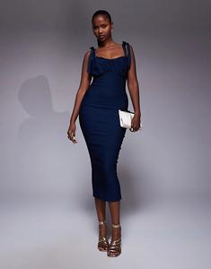 Платье-миди Vesper с рюшами на груди, облегающее, темно-синего цвета