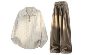 Повседневная спортивная одежда Unisex с лацканом Lapel Moderate X1617, оранжевый top+хаки pants