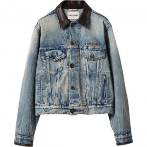 Кожаный воротник джинсовая куртка MIU MIU, светло-голубой