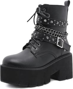 Женские готические ботильоны на платформе со шнуровкой, заклепками и массивной подошвой, модные панк-ботильоны Generic, Black -2