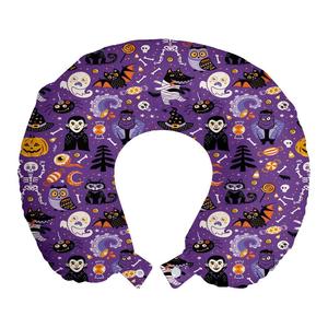 ABAKUHAUS Подушка для путешествий на Хэллоуин Подушка для шеи, конфеты с героями ужасов, пенопластовые дорожные принадлежности для самолета и автомобиля, 30x30 см, синий, фиолетовый и оранжевый