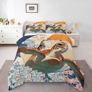 Erosebridal Комплект постельного белья Funny Anime с японской сакурой и морскими животными, Beige Navy Brown Orange