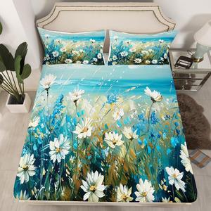 Erosebridal Комплект постельного белья White Daisy с синим принтом цветов и морским пейзажем из хлопка, White Yellow